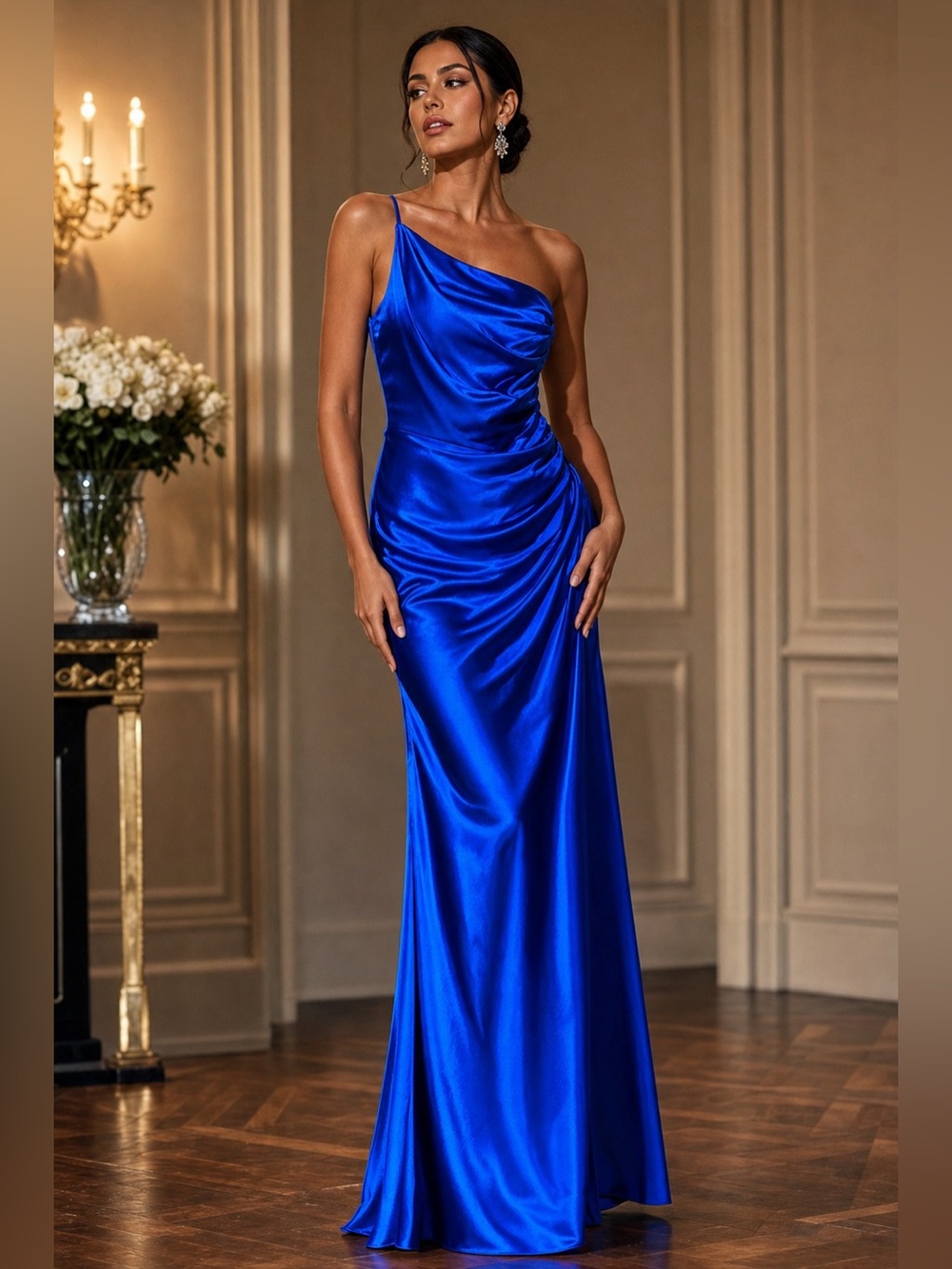 Alisa & Leo Royal Blue Satin One Shoulder Maxi Gown — Est XS-S